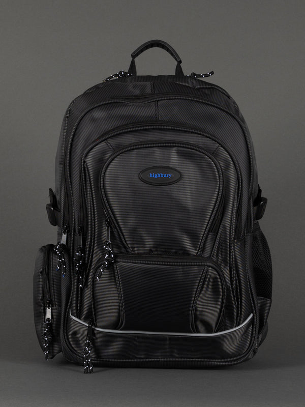 "Highbury 18-inch black polyester laptop backpack with USB charging port"