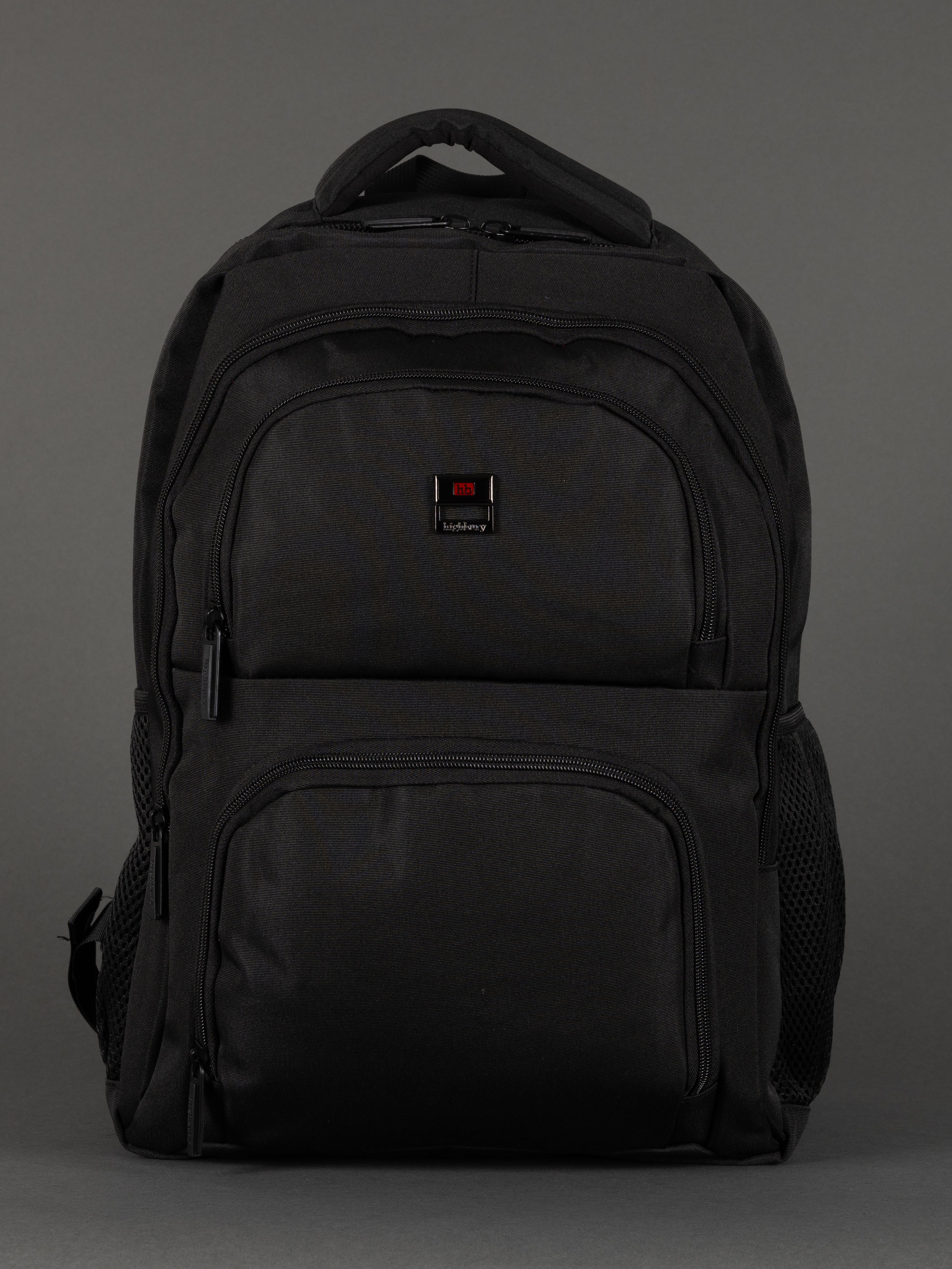 "Highbury 18-inch black 1680D polyester laptop backpack with USB charging port"