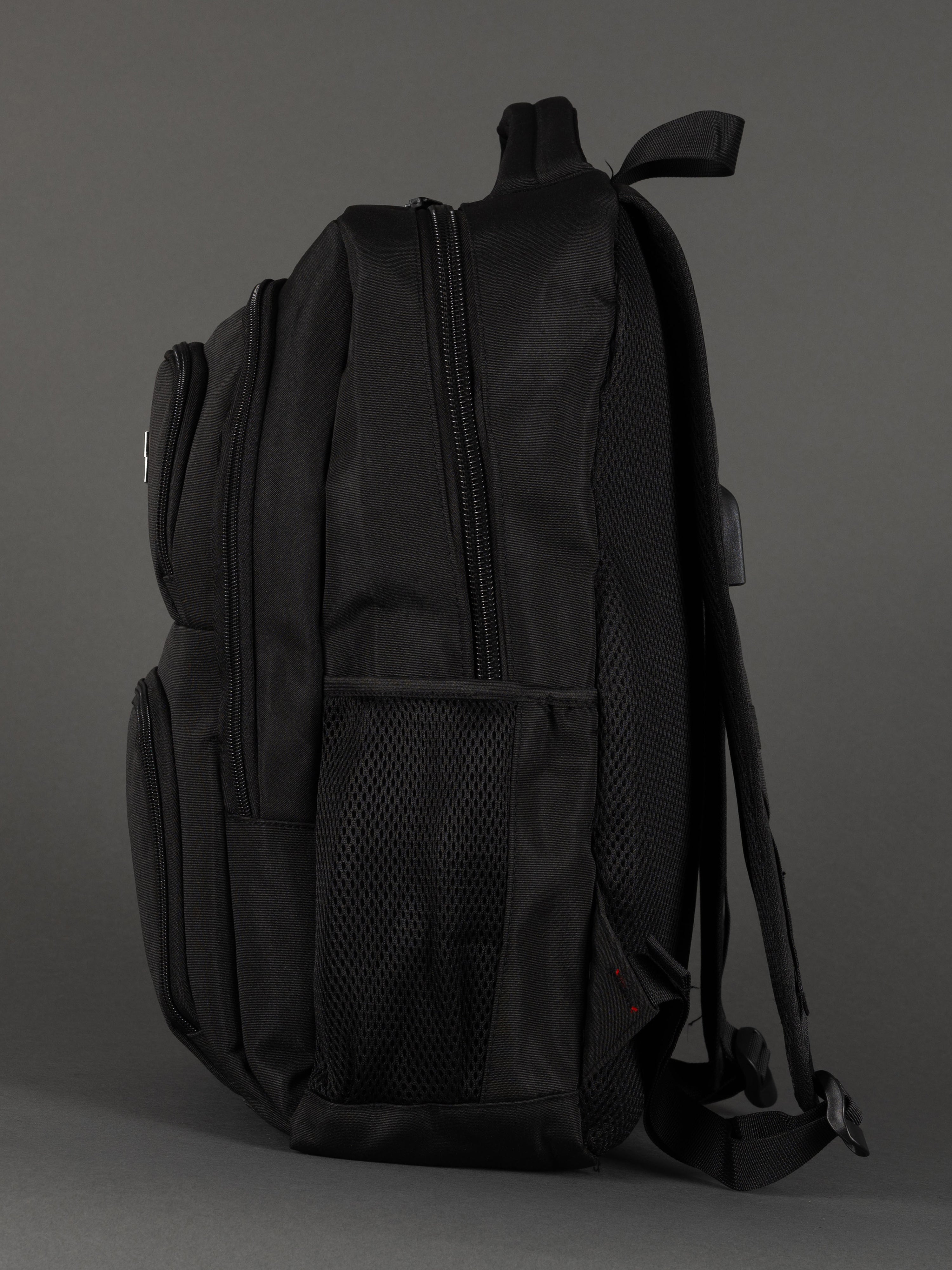 "Professional black backpack with padded laptop section and organiser"