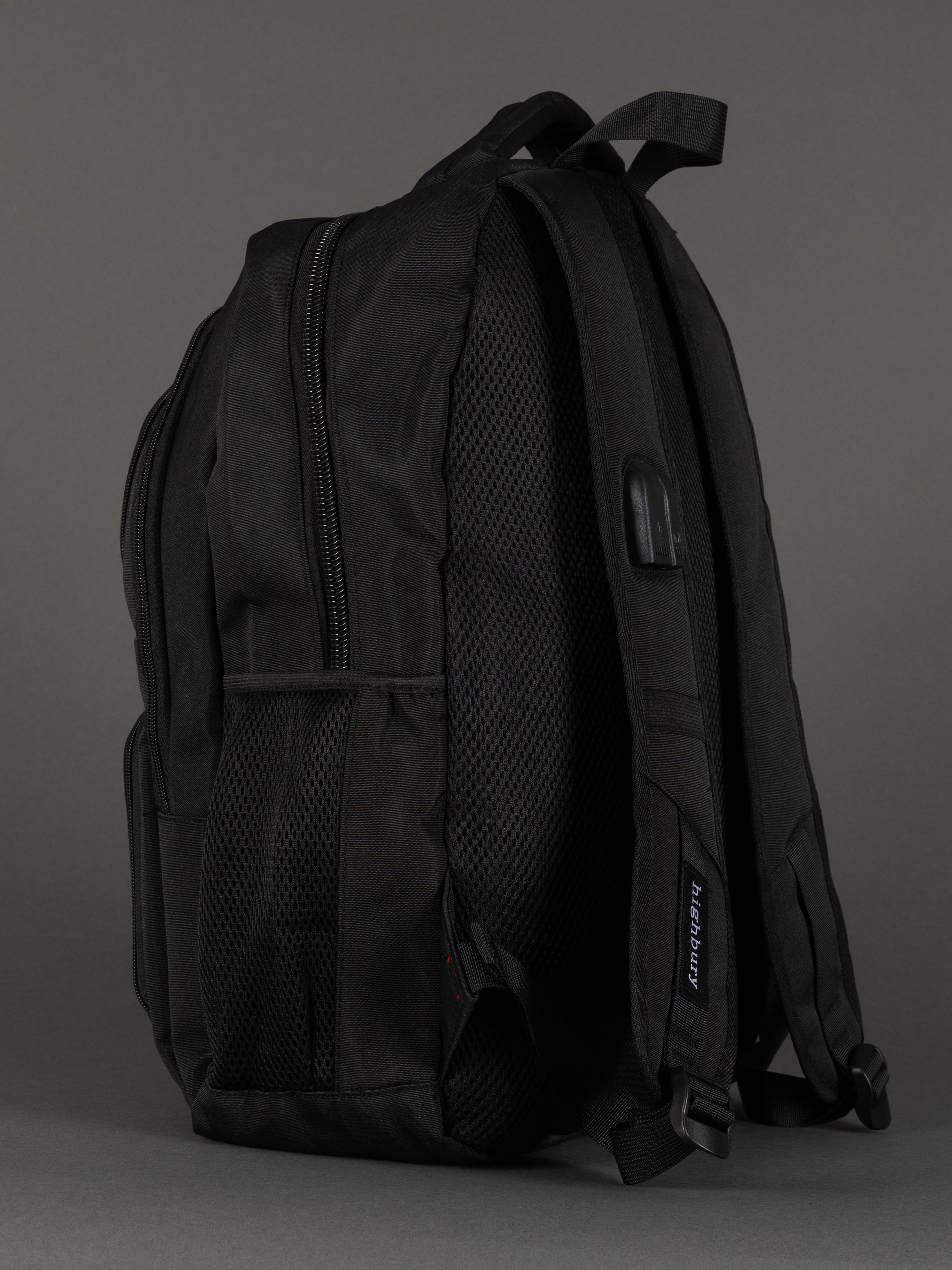 Highbury 18-Inch Black Laptop Backpack – 1680D Polyester Work, School & Travel Bag with USB Charging Port