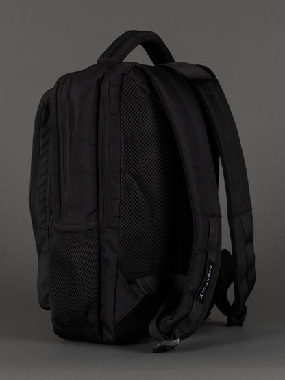 "Water-resistant black laptop backpack with padded section"