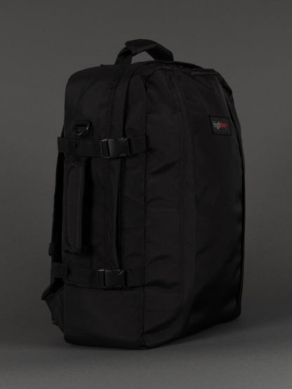 "Black cabin-size travel backpack with padded laptop compartment"