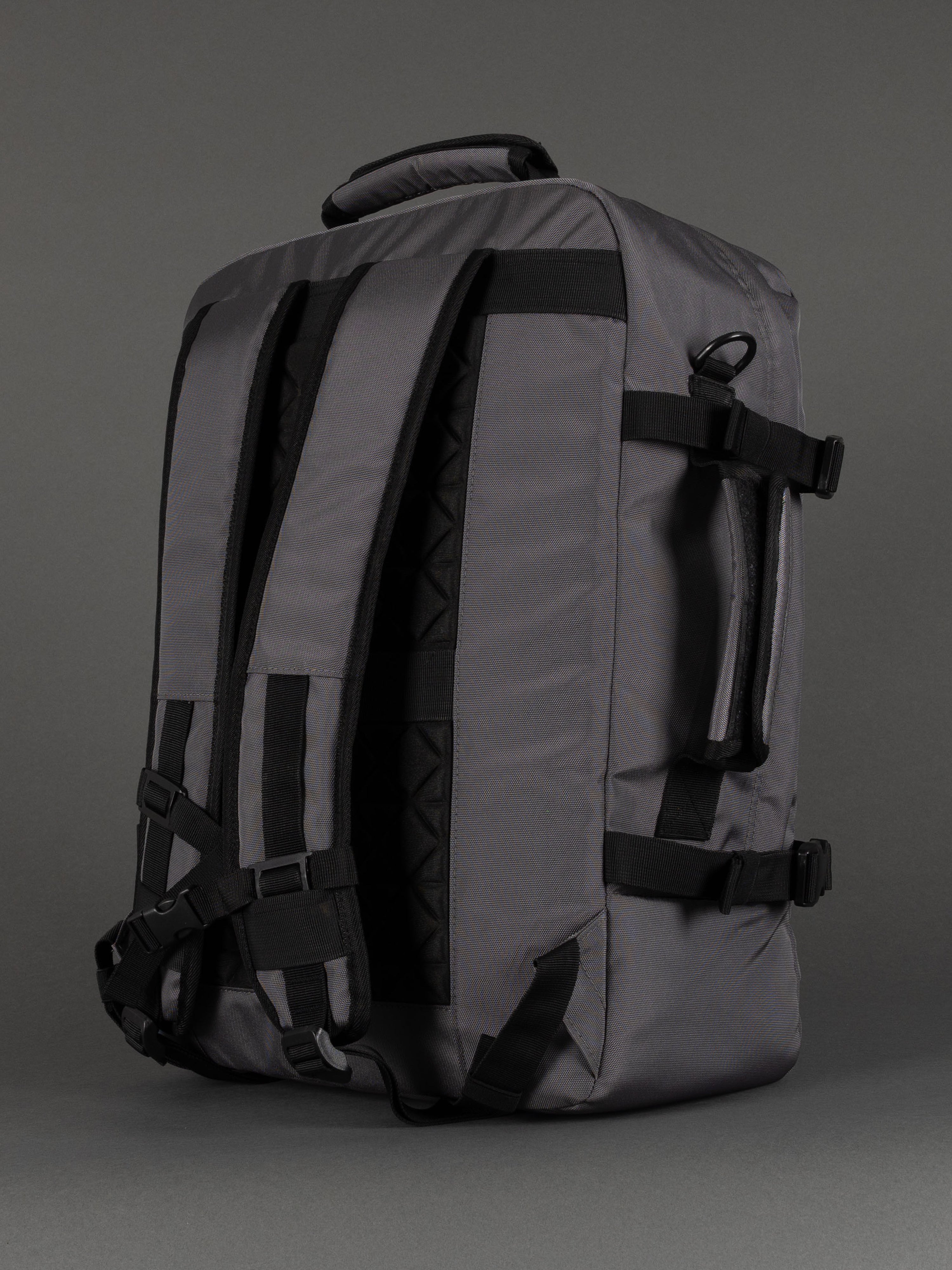 "Water-resistant grey laptop backpack"