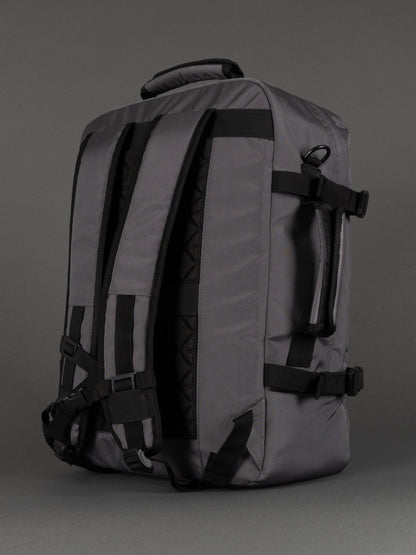 "Water-resistant grey laptop backpack"