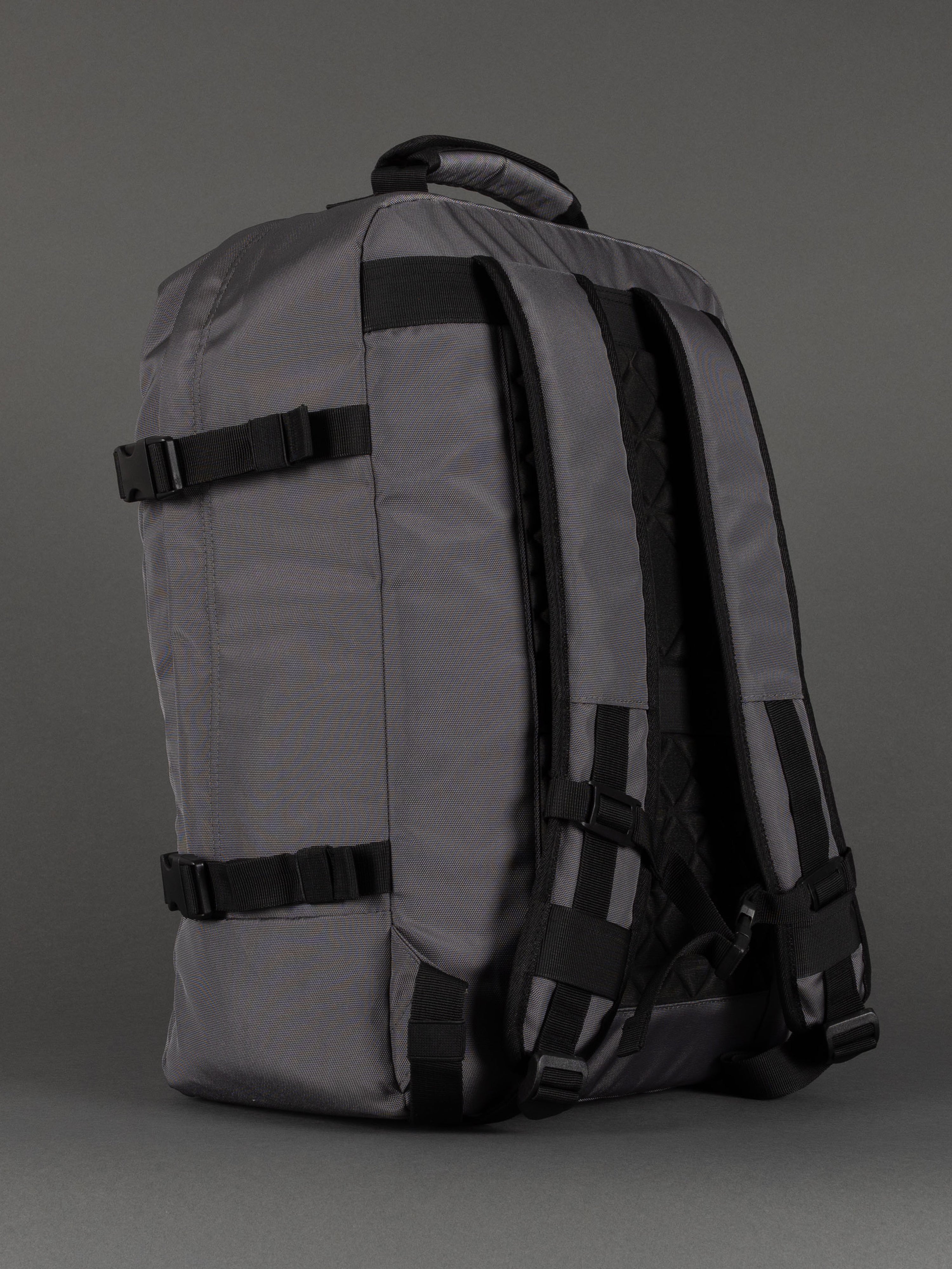 "Professional grey cabin-size travel backpack with organiser pockets"