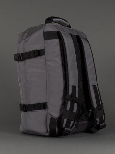 "Professional grey cabin-size travel backpack with organiser pockets"