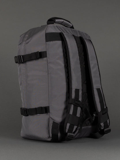 "Professional grey cabin-size travel backpack with organiser pockets"