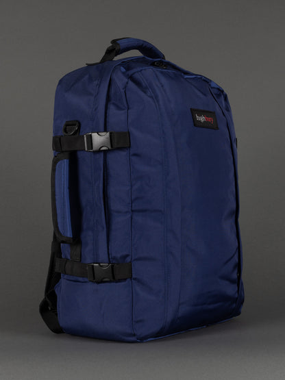 "Navy cabin-size travel backpack with padded laptop compartment"