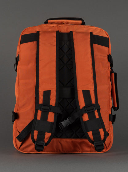 "Water-resistant orange laptop backpack"