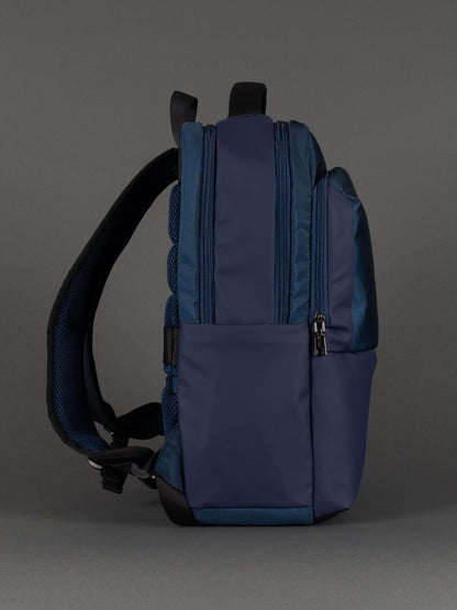 "Durable navy backpack with organiser pockets for laptop and accessories"