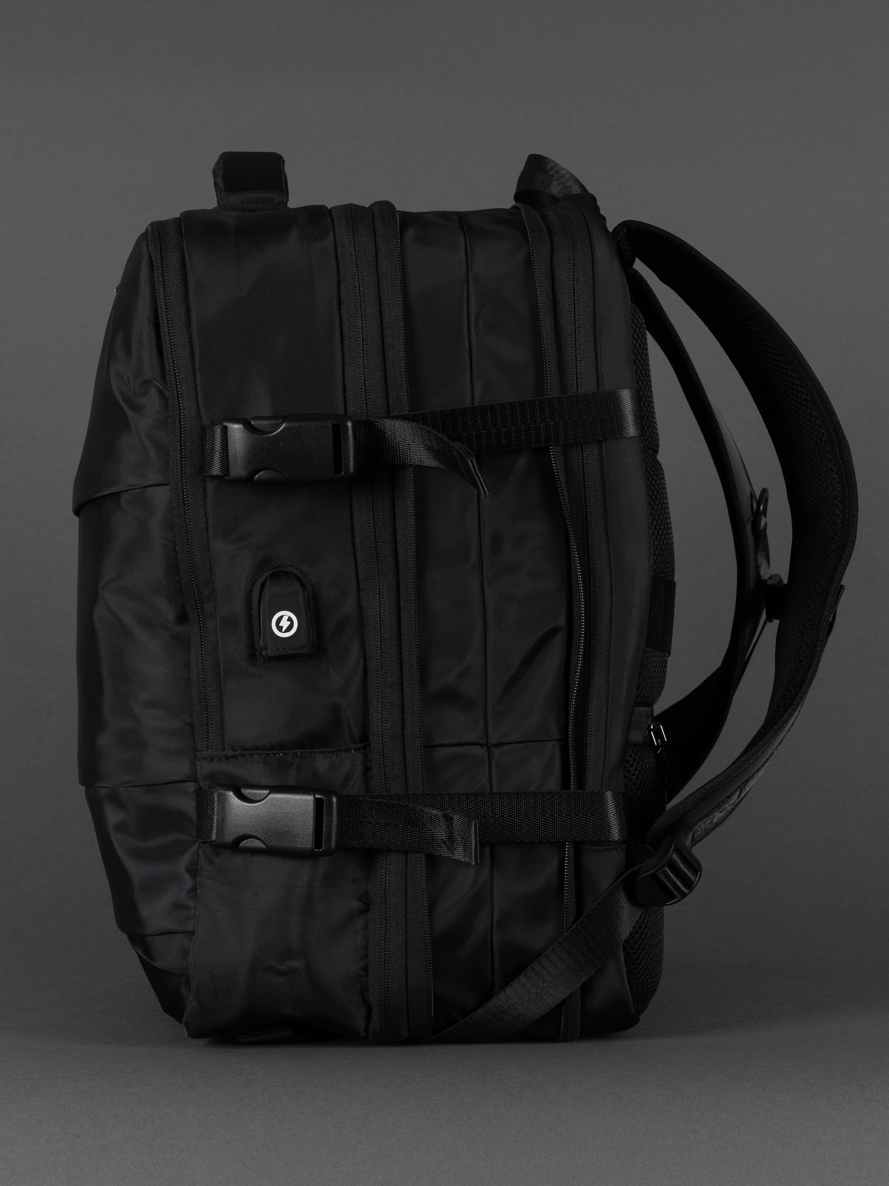 "Durable black polyester expandable cabin-size backpack"