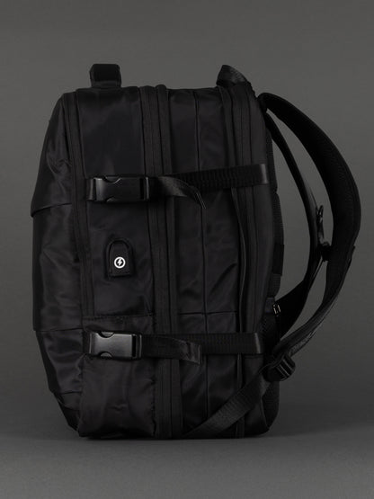 "Durable black polyester expandable cabin-size backpack"