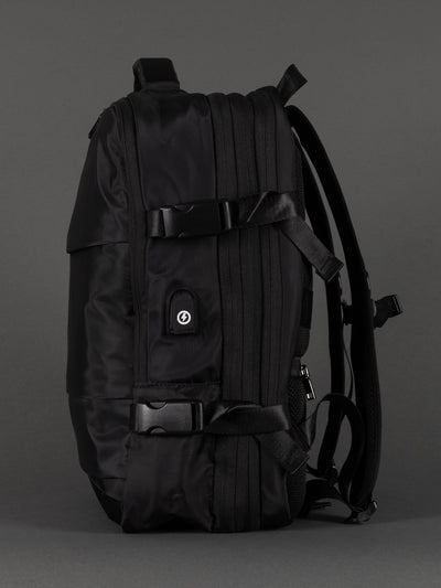 "Highbury 18-inch black travel backpack with USB port – expanded view"