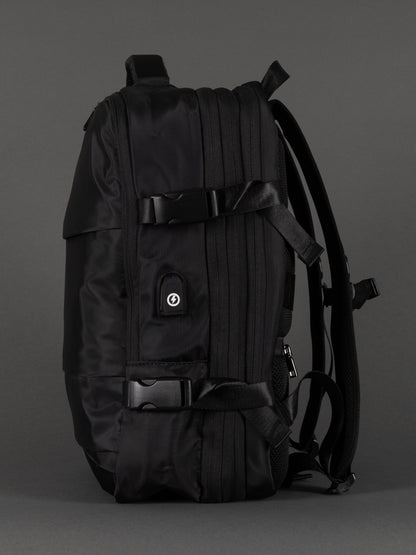 "Highbury 18-inch black travel backpack with USB port – expanded view"