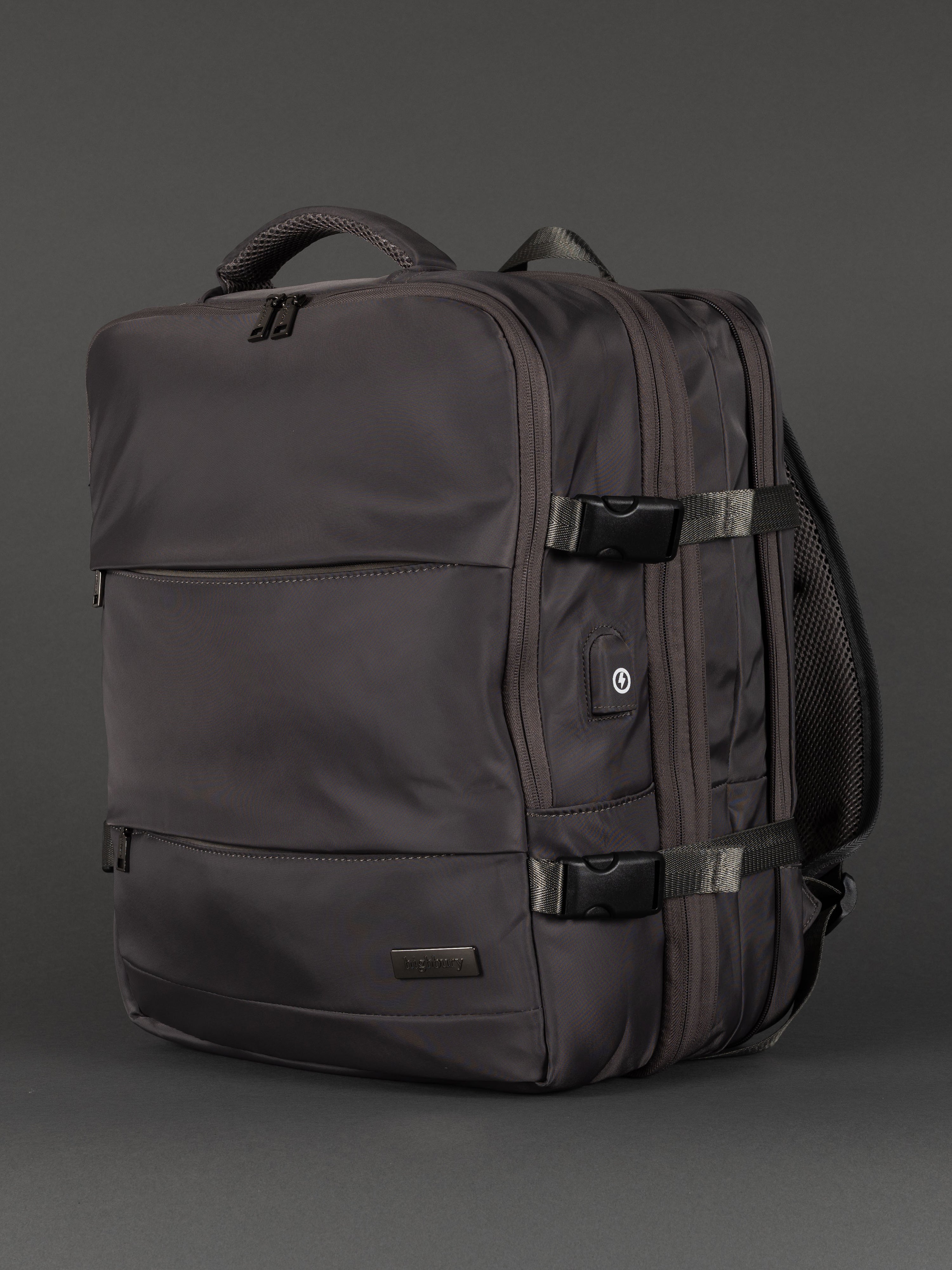 Highbury 18-Inch Grey Cabin Backpack – Expandable Travel Laptop Rucksack with USB Charging Port