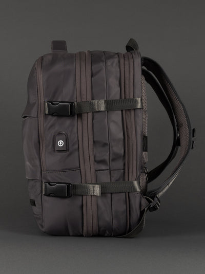 "Durable grey polyester expandable cabin-size backpack"