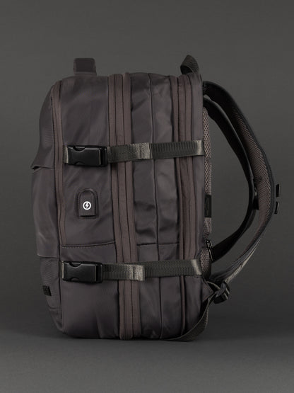 "Durable grey polyester expandable cabin-size backpack"