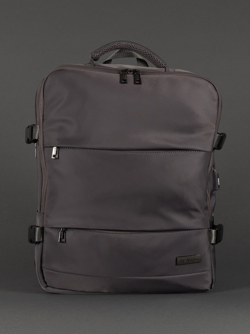 "Expandable grey laptop rucksack with padded laptop compartment"