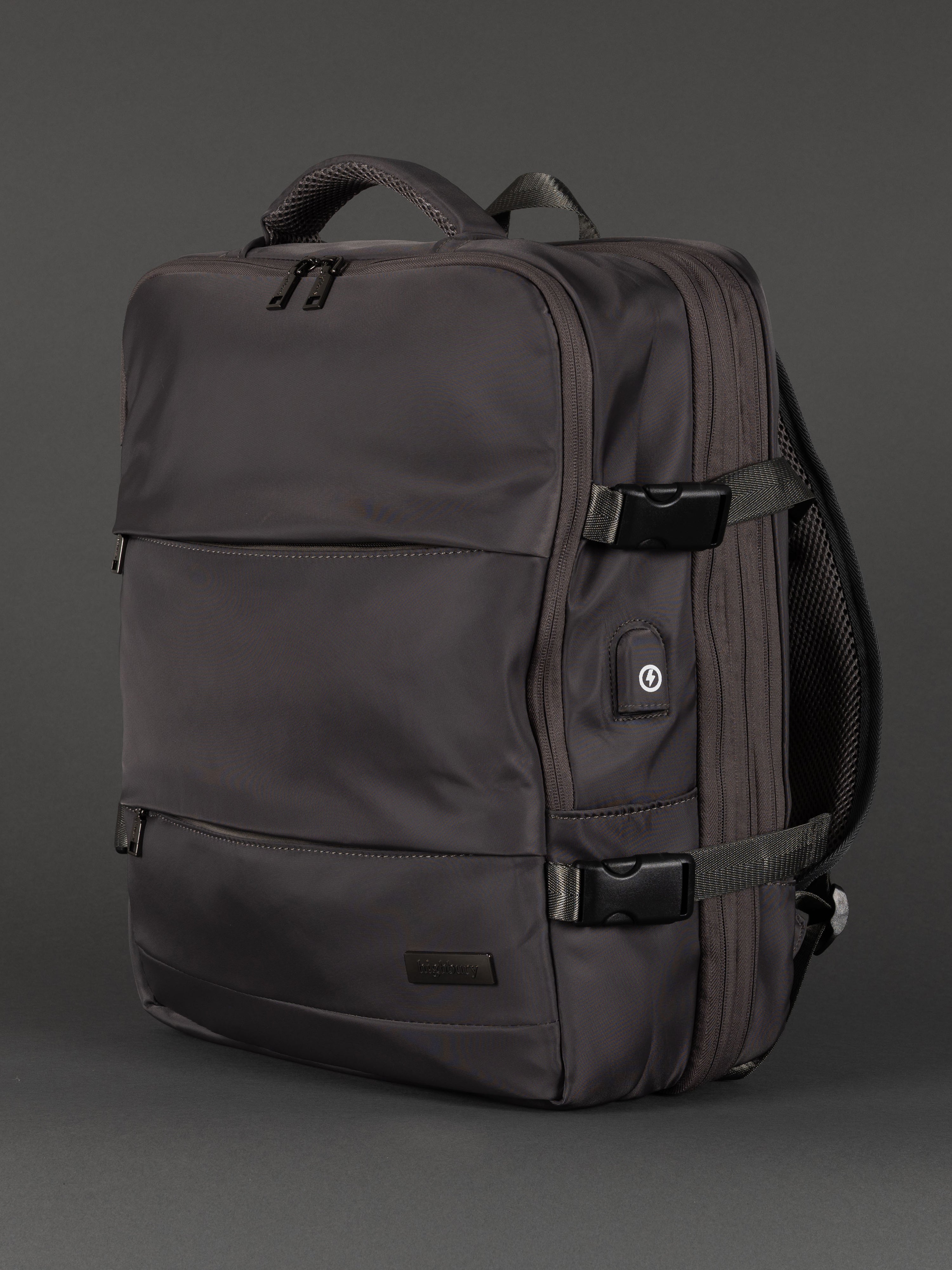 "Highbury 18-inch grey expandable cabin backpack with USB charging port"