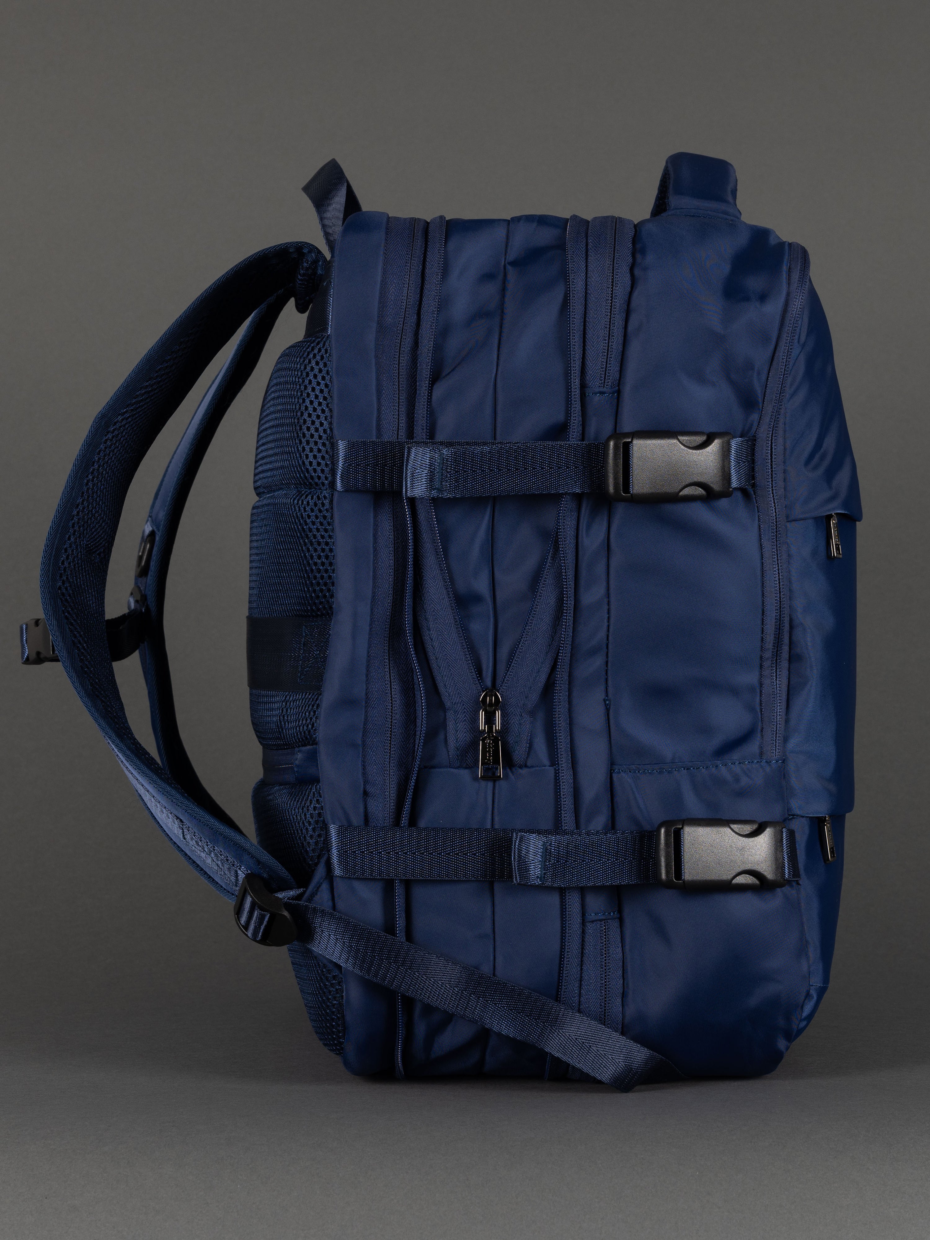 "Professional navy expandable backpack for business and school"