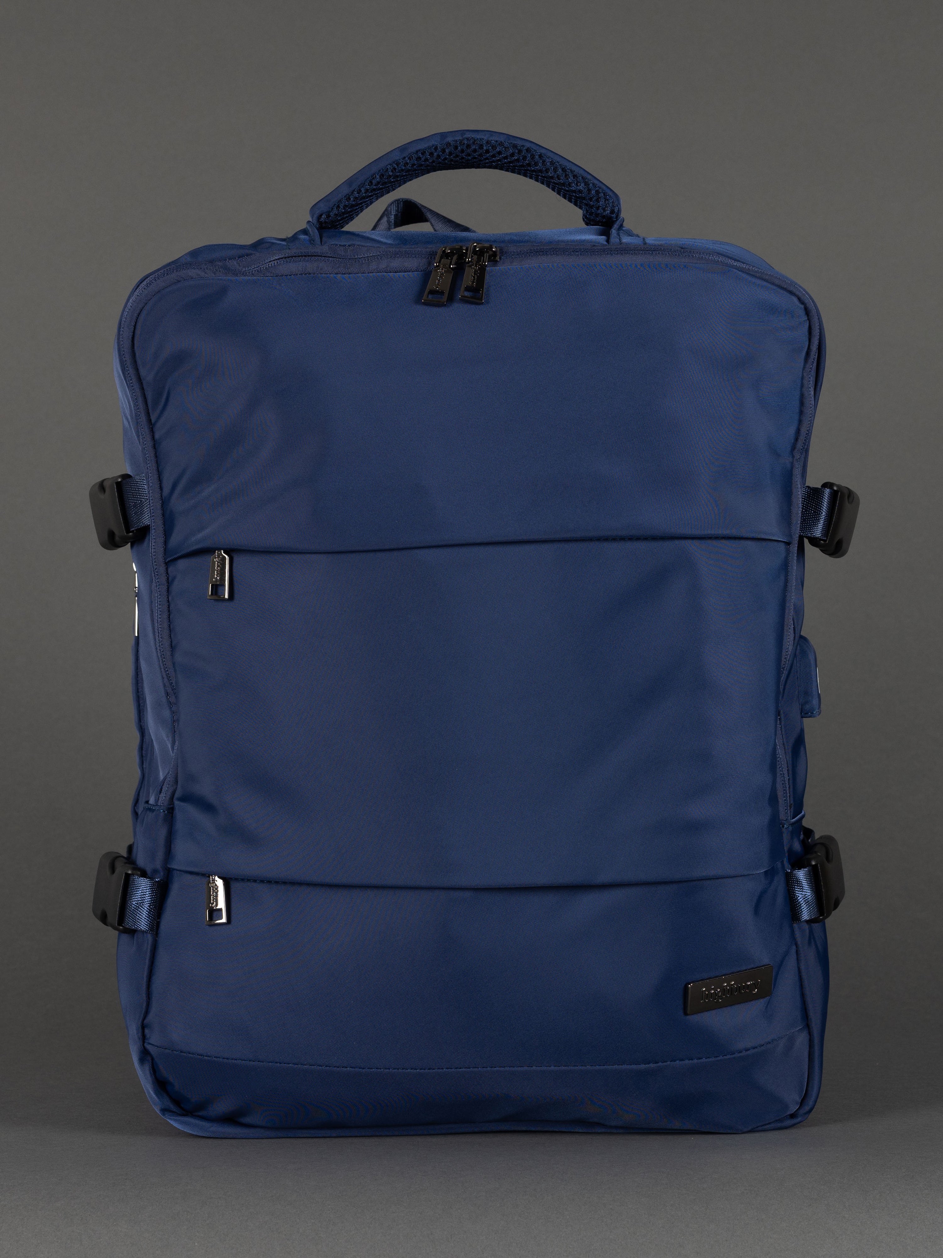 "Highbury 18-inch navy travel backpack with USB port – expanded view"