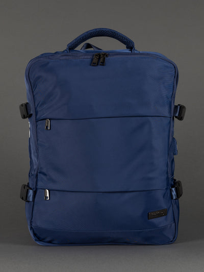 "Highbury 18-inch navy travel backpack with USB port – expanded view"