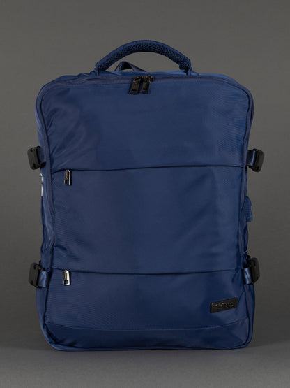 "Highbury 18-inch navy travel backpack with USB port – expanded view"