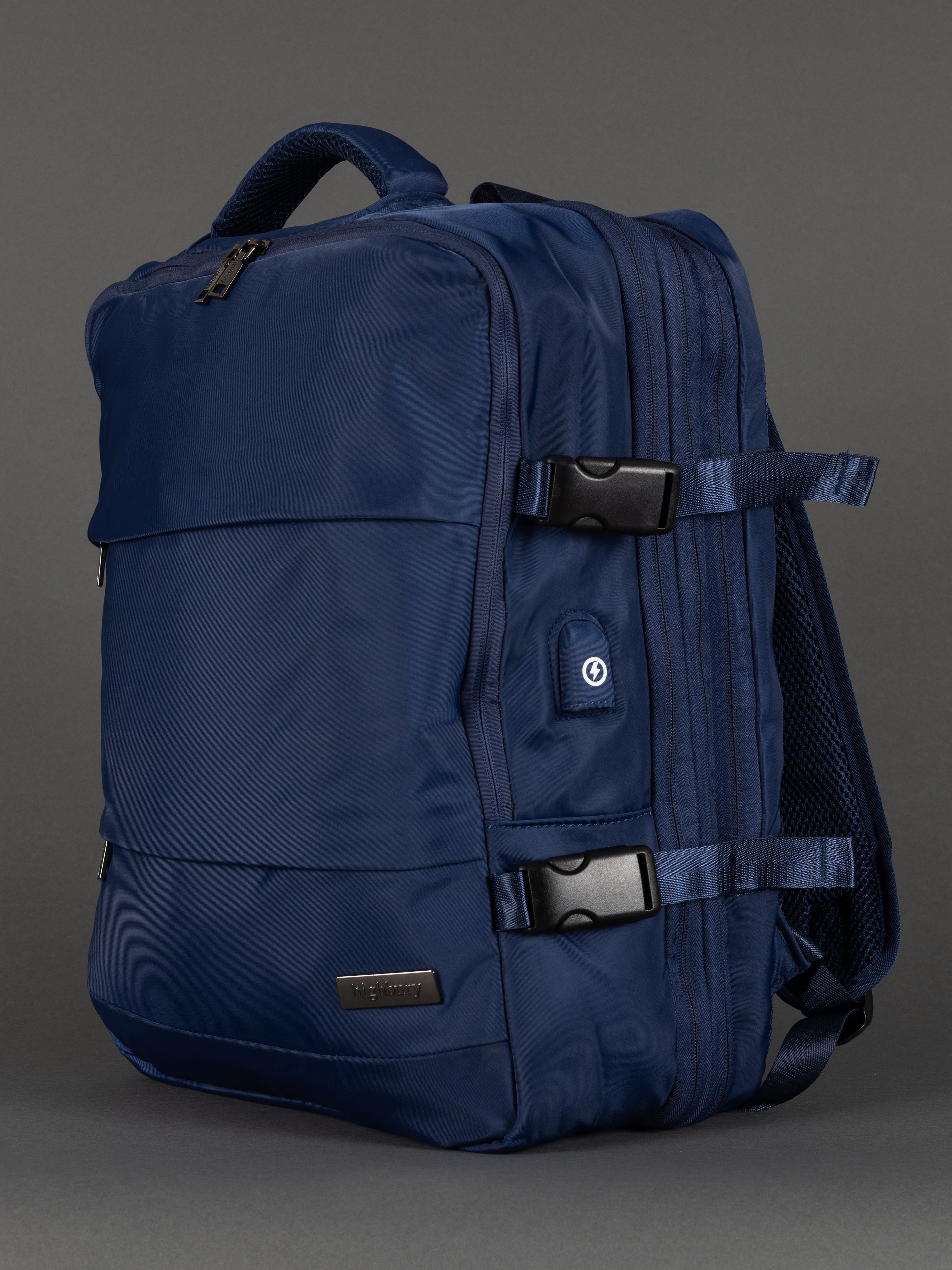 "Highbury 18-inch navy expandable cabin backpack with USB charging port"