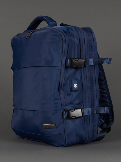 "Highbury 18-inch navy expandable cabin backpack with USB charging port"