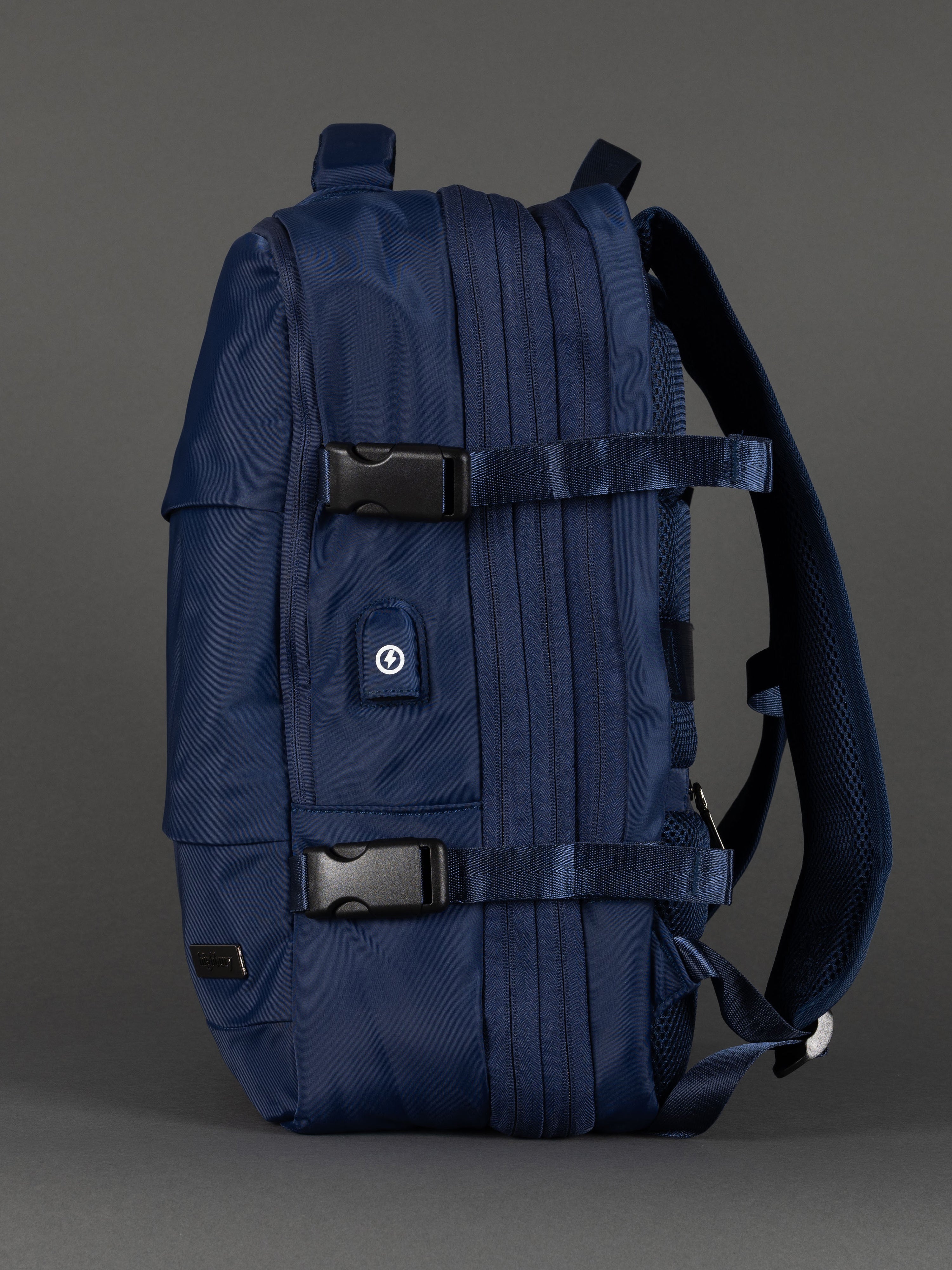 "Durable navy polyester expandable cabin-size backpack"