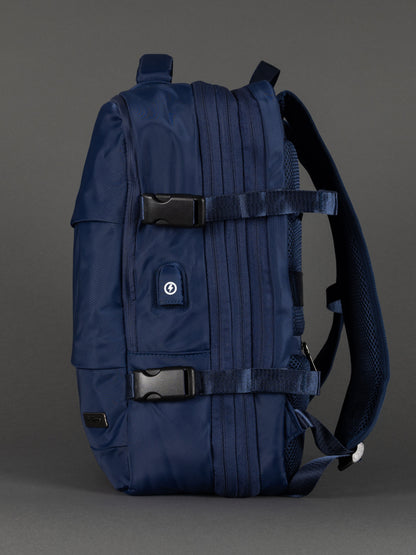 "Durable navy polyester expandable cabin-size backpack"