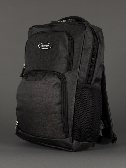 "Dark grey laptop backpack with padded compartment for school and work"