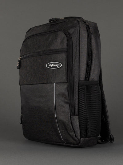 "Dark grey laptop backpack with padded section for school and work"