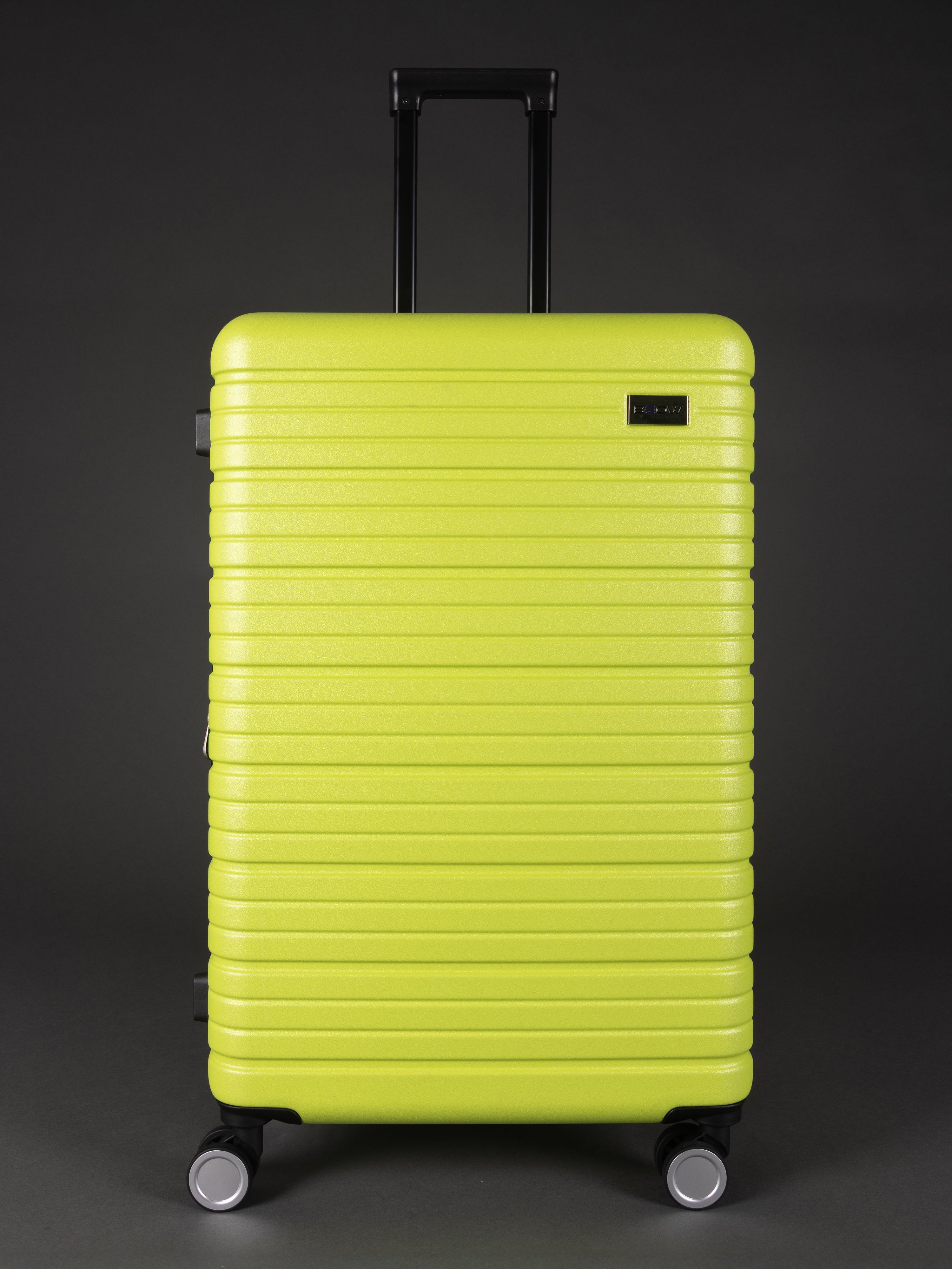 “Bright lime green hard shell luggage set with 360 degree wheels”