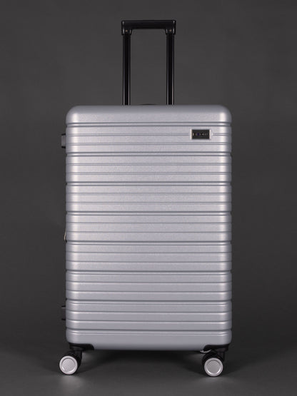 “Sleek silver hard shell suitcase set – 3 piece with lightweight design”