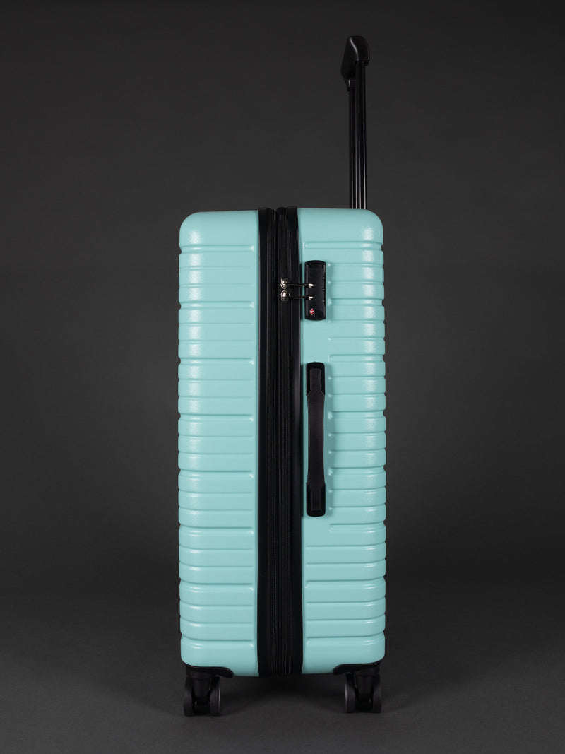 “Side view of expandable BEOW luggage showing 20% additional storage capacity”