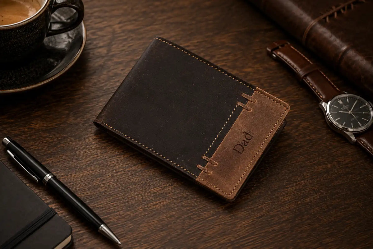 Personalised Brown & Cognac Leather Wallet – Men’s Bifold with Coin Pocket