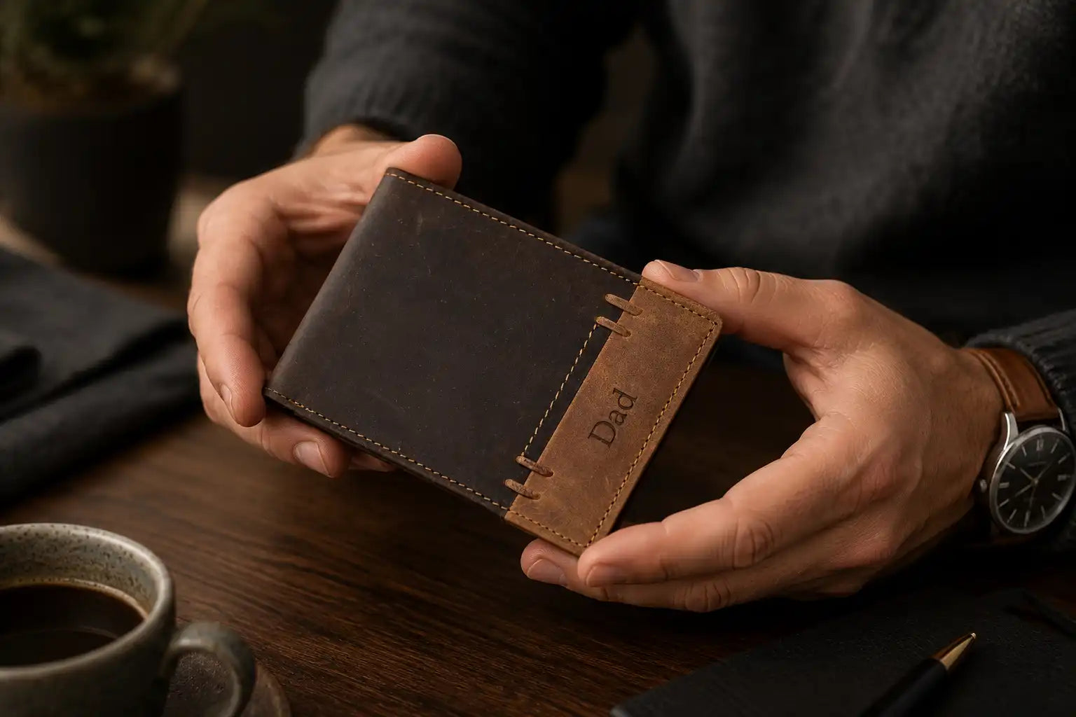 Personalised Brown & Cognac Leather Wallet – Men’s Bifold with Coin Pocket