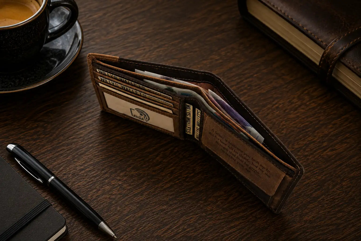 Personalised Brown & Cognac Leather Wallet – Men’s Bifold with Coin Pocket