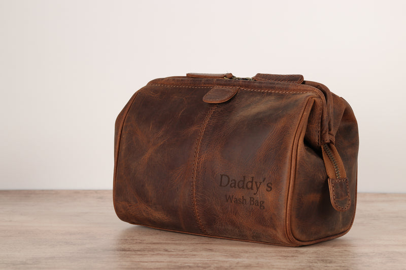 Personalised Engraved Brown Leather Wash Bag