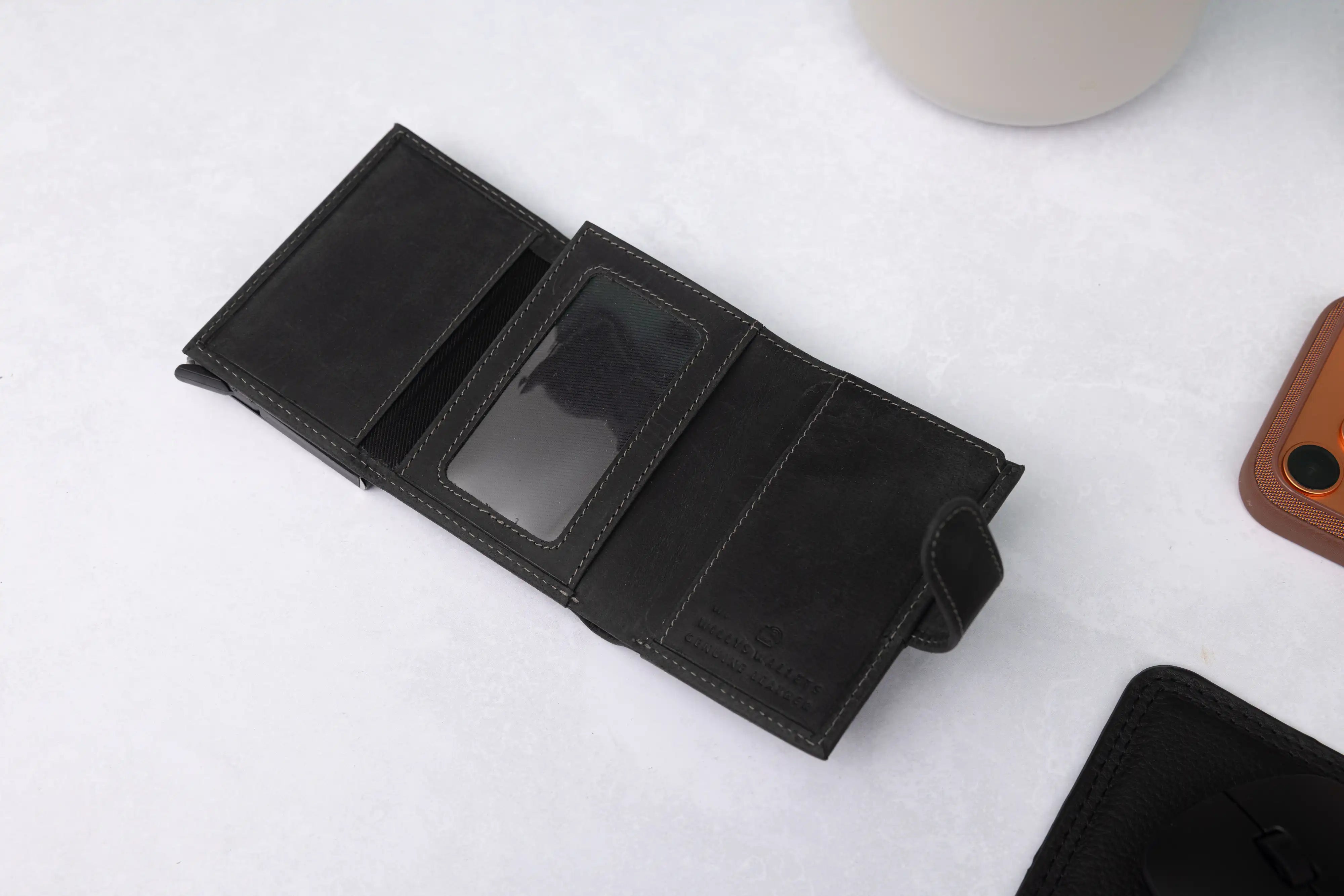 Personalised 6-Card Black Pop-Up Wallet – RFID Secure, Compact & Stylish