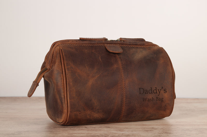 Personalised Engraved Brown Leather Wash Bag