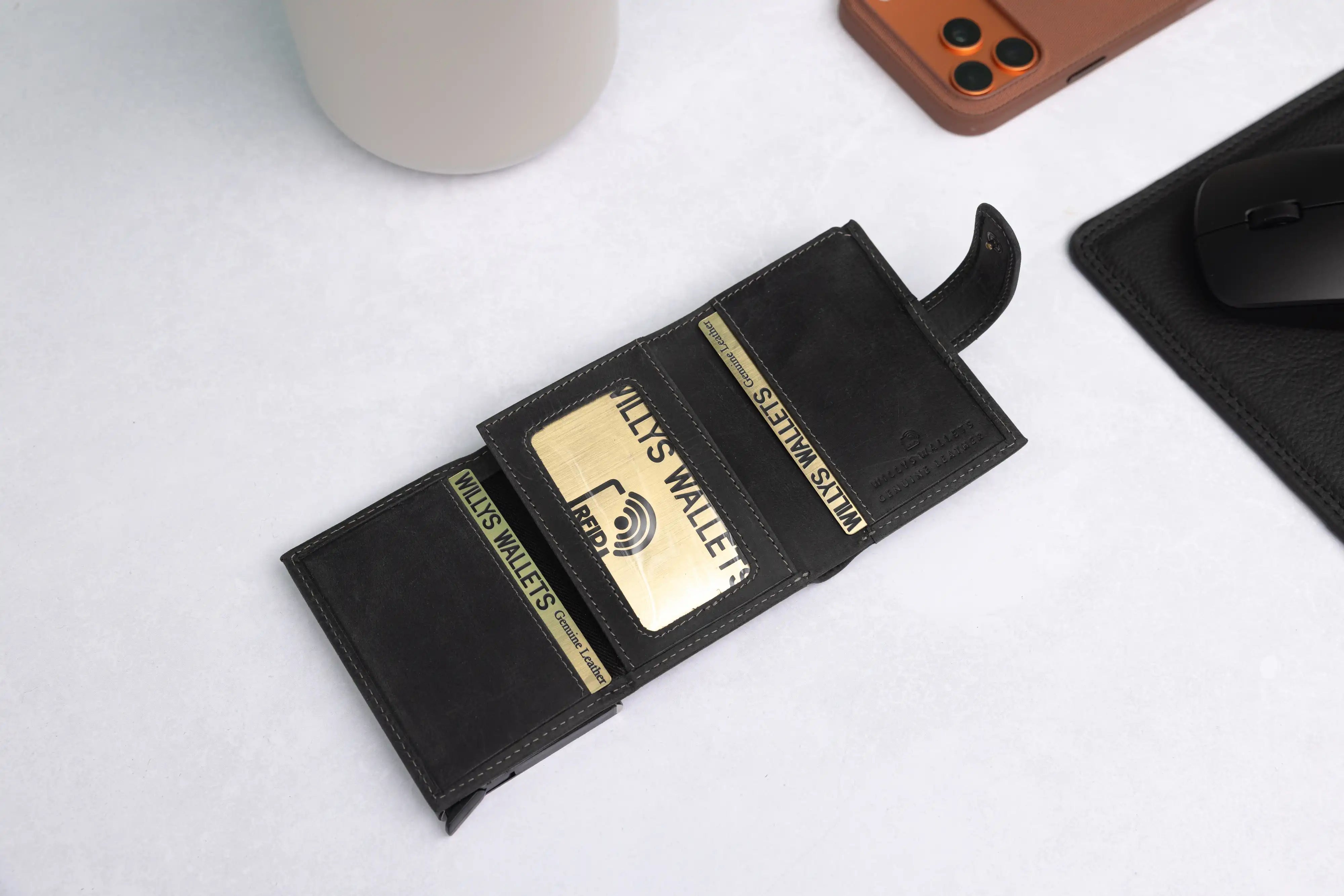 Personalised 6-Card Black Pop-Up Wallet – RFID Secure, Compact & Stylish