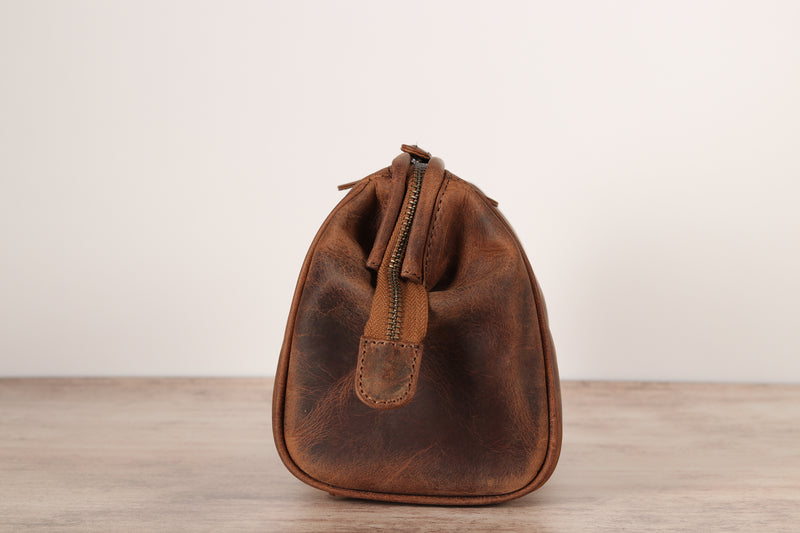 Personalised Engraved Brown Leather Wash Bag