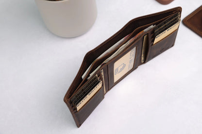 Personalised Brown Leather Wallet – Trifold Design with RFID Protection