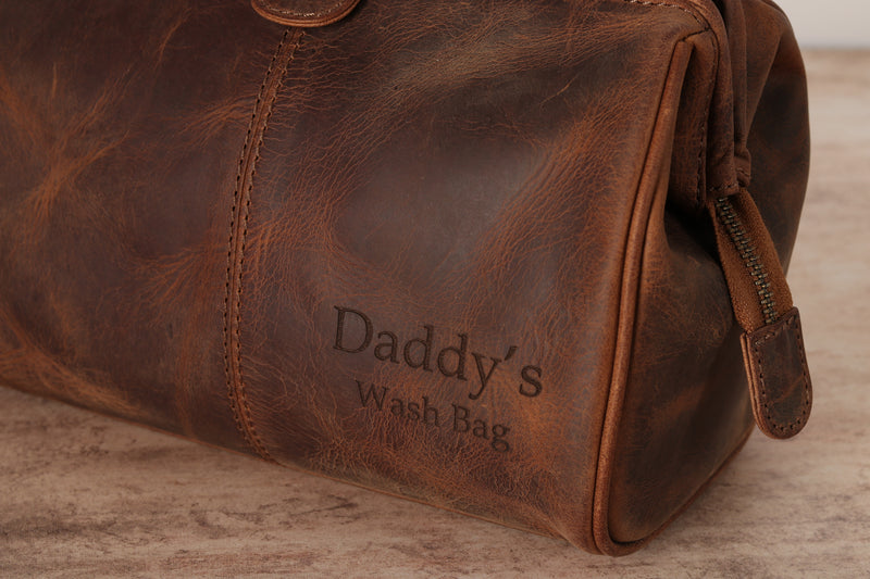 Personalised Engraved Brown Leather Wash Bag