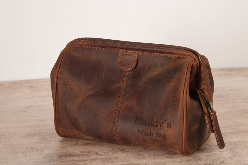 Personalised Engraved Brown Leather Wash Bag