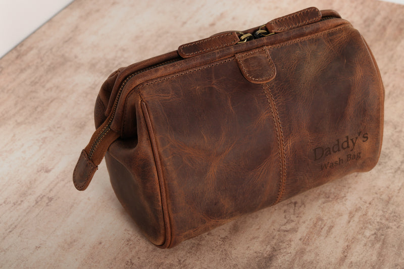 Personalised Engraved Brown Leather Wash Bag