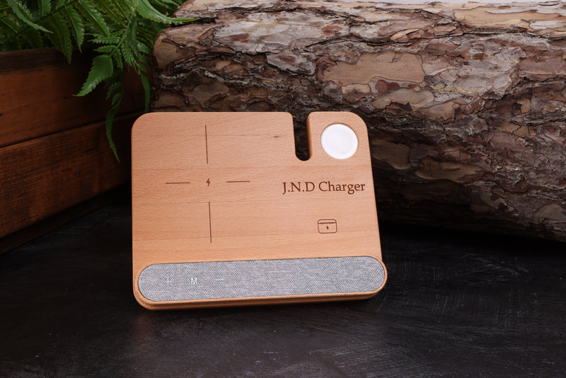 Personalised Engraved 4 in 1 Wooden Fast Wireless Charging Station, 15W Charger Pad