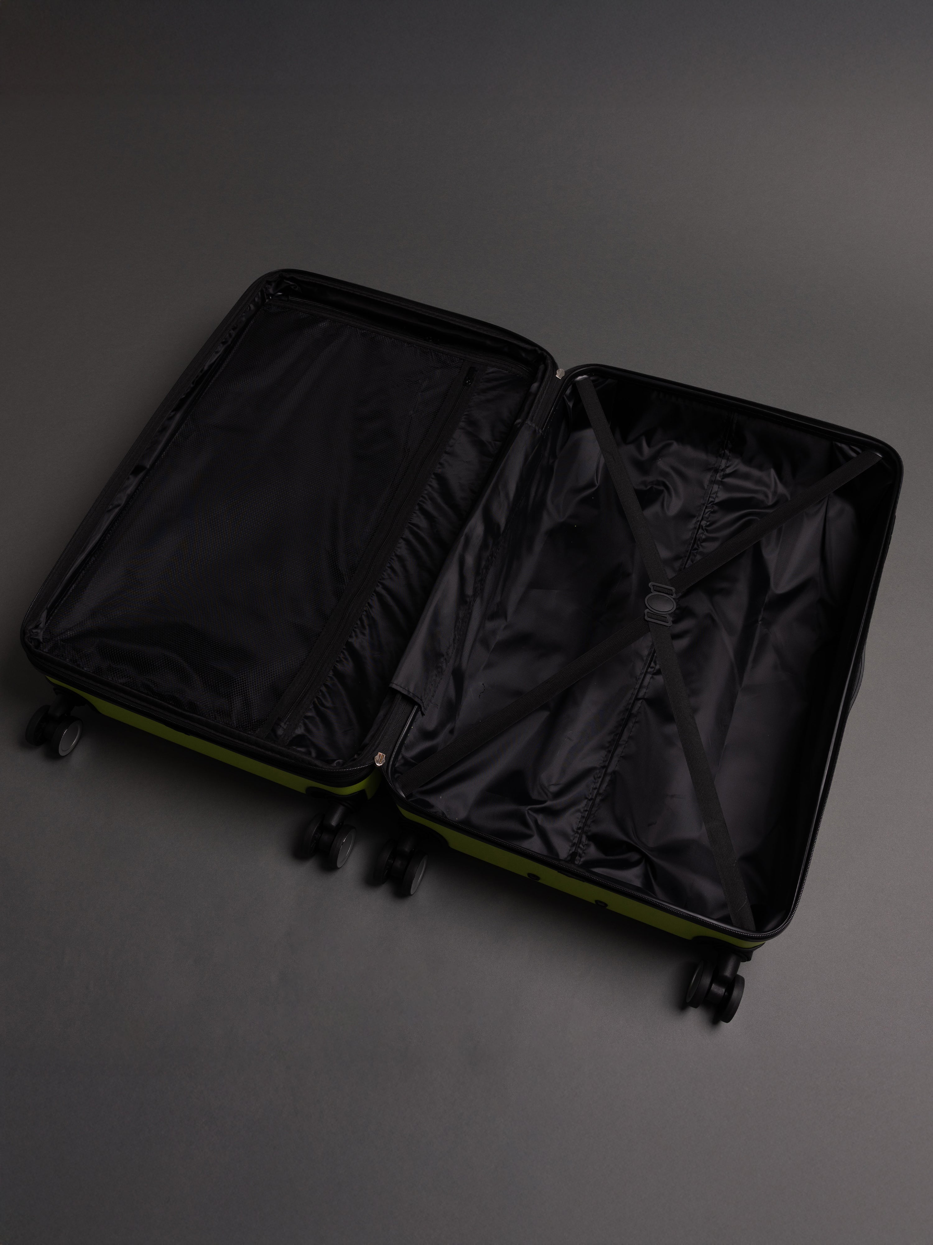 “Interior view of BEOW expandable suitcase with spacious compartments and elastic straps”